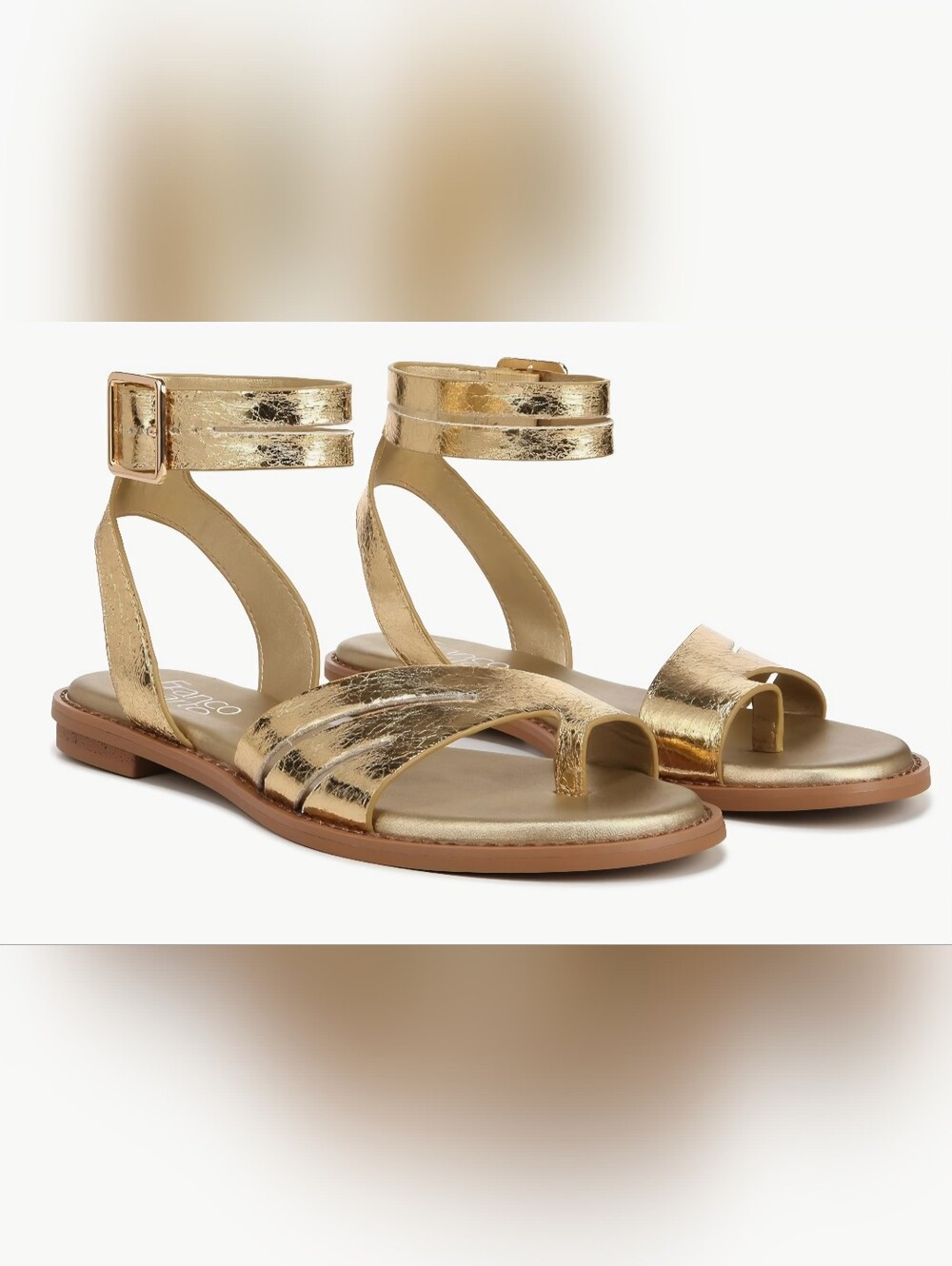 Franco Sarto Metallic Gold Ankle-Strap Flat Sandals, New,7 5